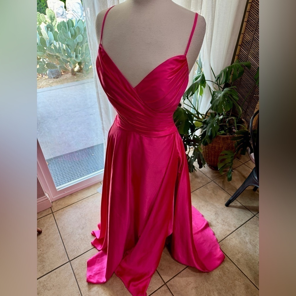 La Femme Hot Pink Satin Lace-Up Back Prom Gown Dress Size 8 NWOT